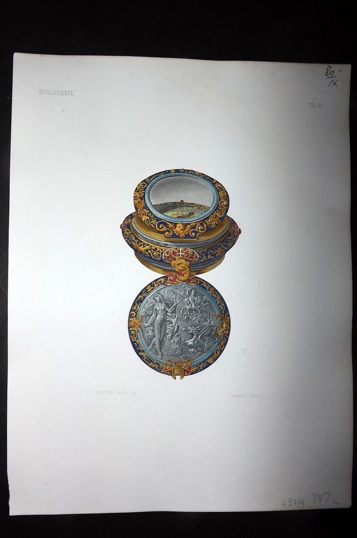 Soltykoff, Prince Pierre 1858 Hand Col Horology Print 02: Hand Colored Steel Engraving Published 1858, Paris for "Collection Archeologique du Prince Pierre Soltykoff" by Prince Pierre Soltykoff and Pierre Dubois. Engraved by Saunier after Racinet. Paper Size