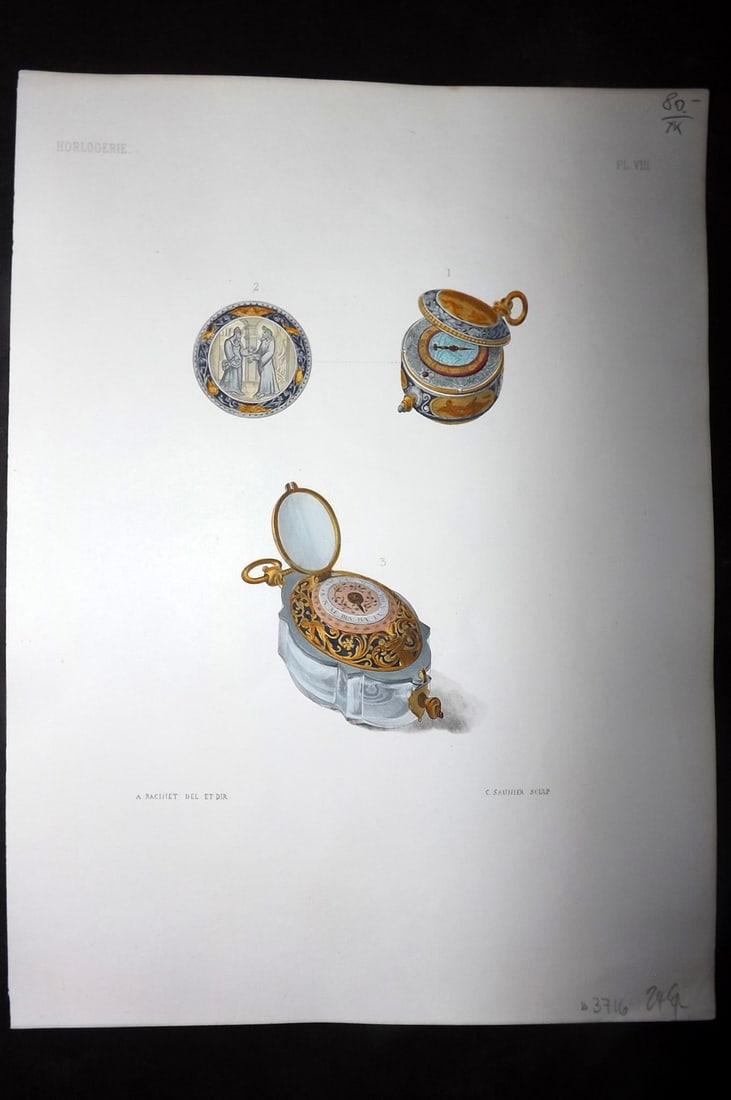 Soltykoff, Prince Pierre 1858 Hand Col Horology Print 08: Hand Colored Steel Engraving Published 1858, Paris for "Collection Archeologique du Prince Pierre Soltykoff" by Prince Pierre Soltykoff and Pierre Dubois. Engraved by Saunier after Racinet. Paper Size