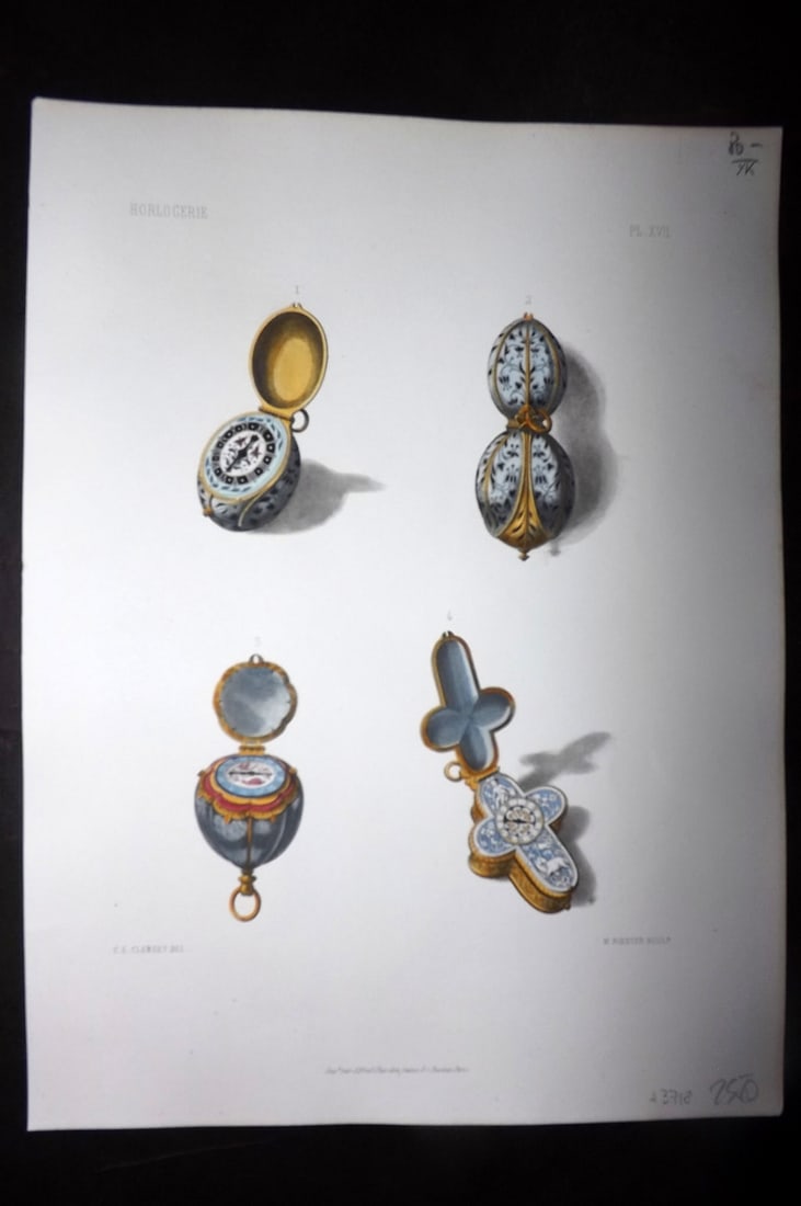 Soltykoff, Prince Pierre 1858 Hand Col Horology Print 17: Hand Colored Steel Engraving Published 1858, Paris for "Collection Archeologique du Prince Pierre Soltykoff" by Prince Pierre Soltykoff and Pierre Dubois. Engraved by Saunier after Racinet. Paper Size