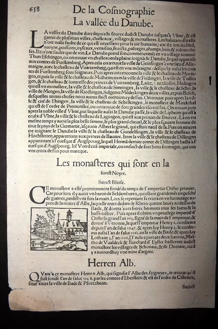 Munster, Sebastian 1552 Early Woodcut View. Saint Blaise Abbey, Black Forest, Germany: Woodcut Published 1552, Basel for the "Cosmographia" by Sebastian Munster. Printed both sides. Paper Size: 11 x 7 inch (28 x 18cm) Good Condition