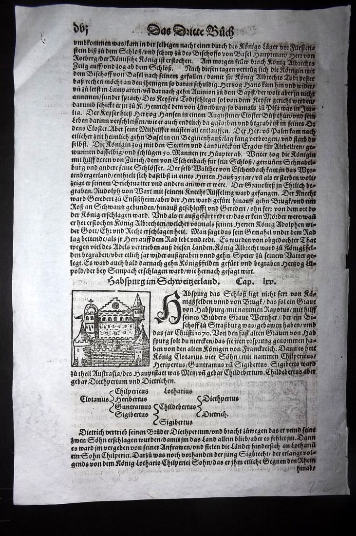 Munster, Sebastian 1578 Early Woodcut View. Habsburg Castle, Aargau, Switzerland: Woodcut Published 1578, Basel for the "Cosmographia" by Sebastian Munster. Printed both sides. Paper Size: 12 x 8 inch (30 x 20cm) Good Condition