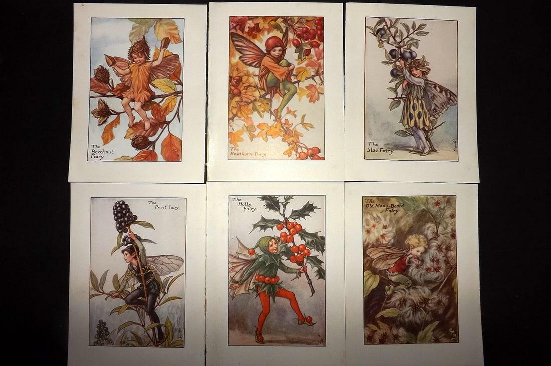 Barker, Cicely Mary C1940 Lot of 6 Flower-Fairy Prints - Autumn: Autumn Fairies. Lithographs Published C1935-45 by Blackie & Son, London & Glasgow for the "Flower-Fairies" Series by Cicely Mary Barker. Reverse side blank.Paper Size: 5.5 x 4 inch (14 x 10cm) Good Co