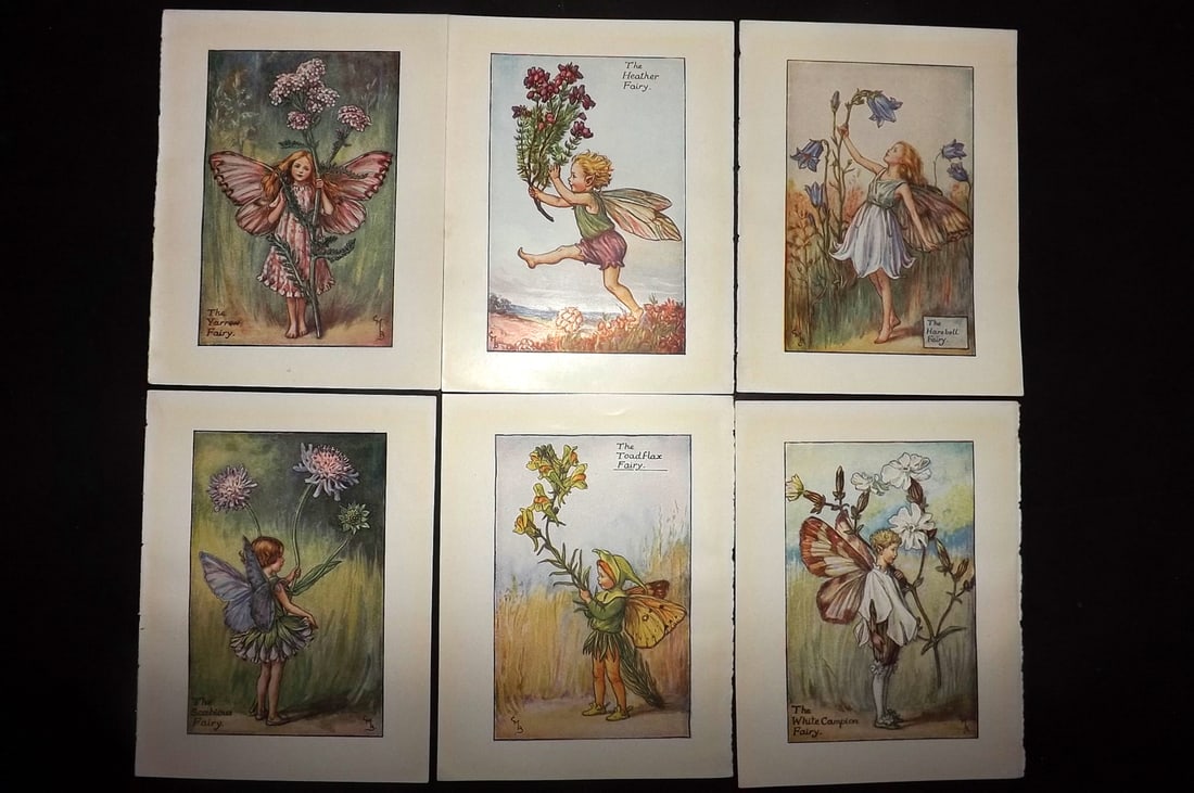 Barker, Cicely Mary C1940 Lot of 6 Flower-Fairy Prints - Summer: Autumn Fairies. Lithographs Published C1935-45 by Blackie & Son, London & Glasgow for the "Flower-Fairies" Series by Cicely Mary Barker. Reverse side blank.Paper Size: 5.5 x 4 inch (14 x 10cm) Good Co