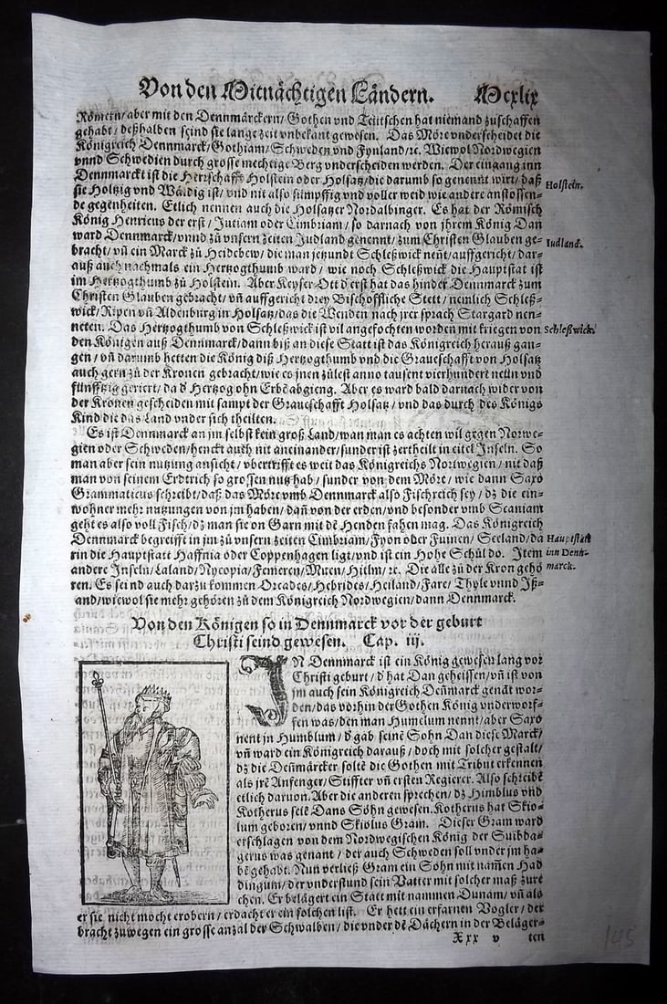 Munster, Sebastian 1578 Early Woodcut. King Dan, First King of Denmark: Woodcut Published 1578, Basel for the "Cosmographia" by Sebastian Munster. Printed both sides. Paper Size: 12 x 8 inch (30 x 20cm) Good Condition