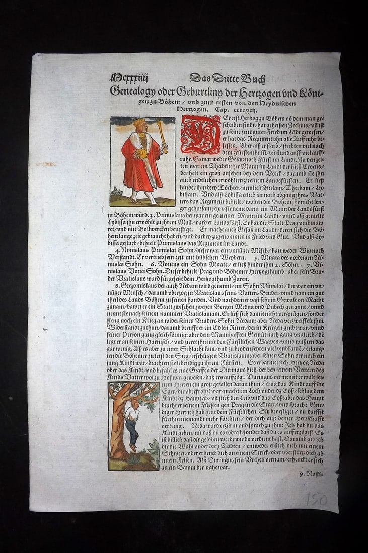 Munster, Sebastian 1588 Early Hand Col Woodcut. Duke Primislaus & Duke Nezamysl hanging from a Tree: Contemporary Hand Colored Woodcut Published 1588, Basel for the "Cosmographia" by Sebastian Munster. Printed both sides. Paper Size: 12 x 8 inch (30 x 20cm) Good Condition
