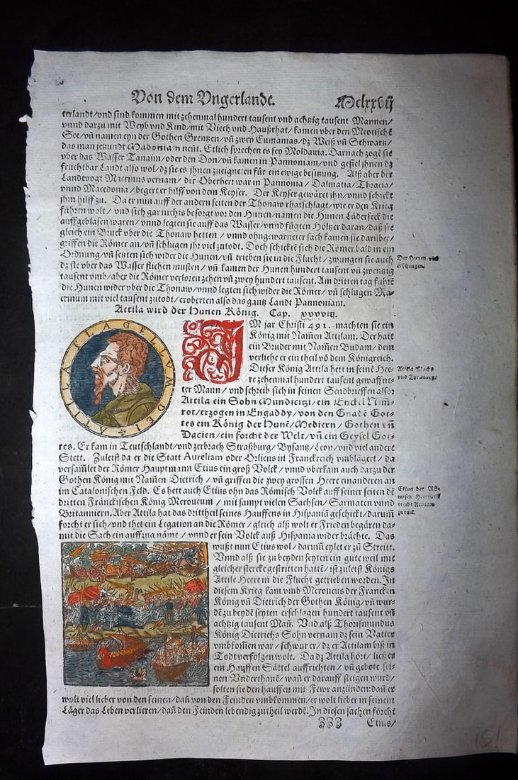 Munster, Sebastian 1588 Early Hand Col Woodcut. Atilia the Hun Portrait & his Army Marching (1 of 2)