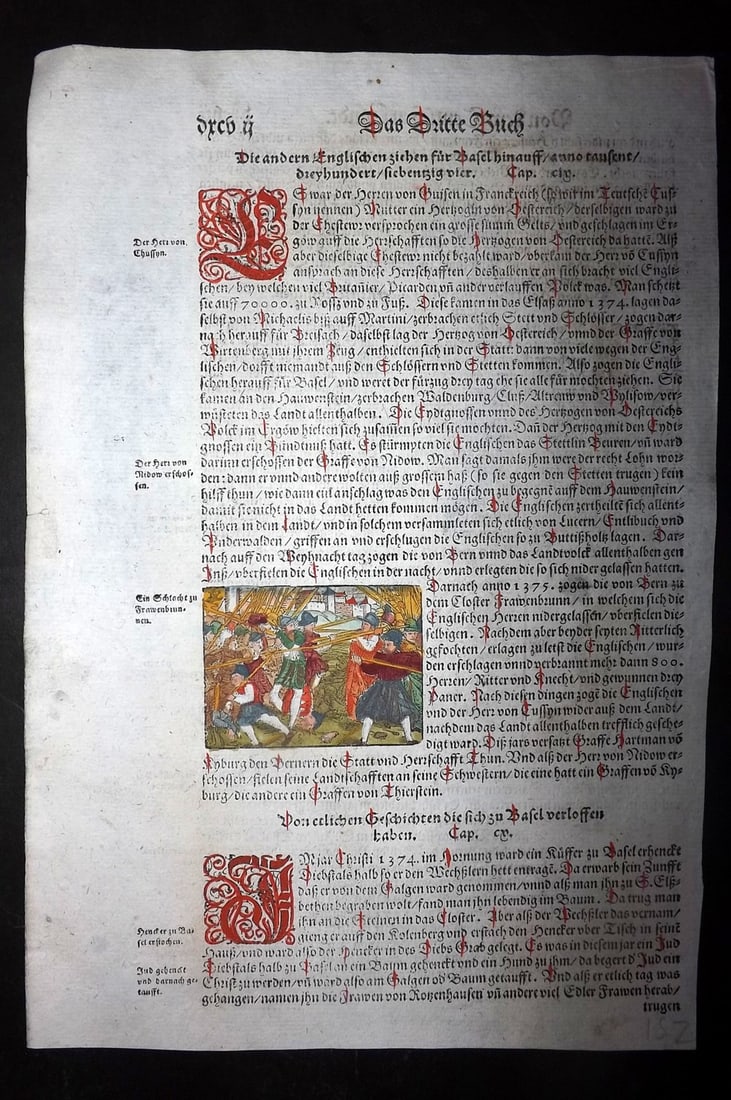 Munster, Sebastian 1588 Early Hand Col Woodcut. English & Swiss Battle in 1375: Contemporary Hand Colored Woodcut Published 1588, Basel for the "Cosmographia" by Sebastian Munster. Printed both sides. Paper Size: 12 x 8 inch (30 x 20cm) Good Condition