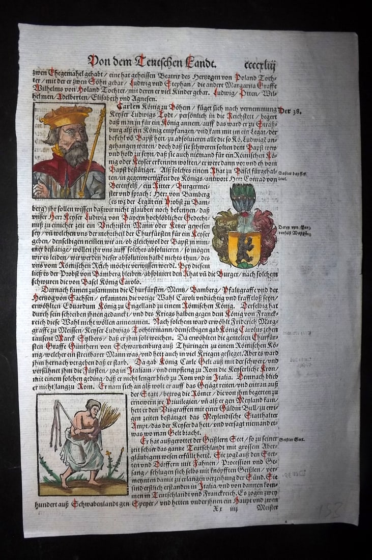 Munster, Sebastian 1588 Early Hand Col Woodcut. King Louis I, Poland Coat of Arms & Polish Noble: Contemporary Hand Colored Woodcut Published 1588, Basel for the "Cosmographia" by Sebastian Munster. Printed both sides. Paper Size: 12 x 8 inch (30 x 20cm) Good Condition