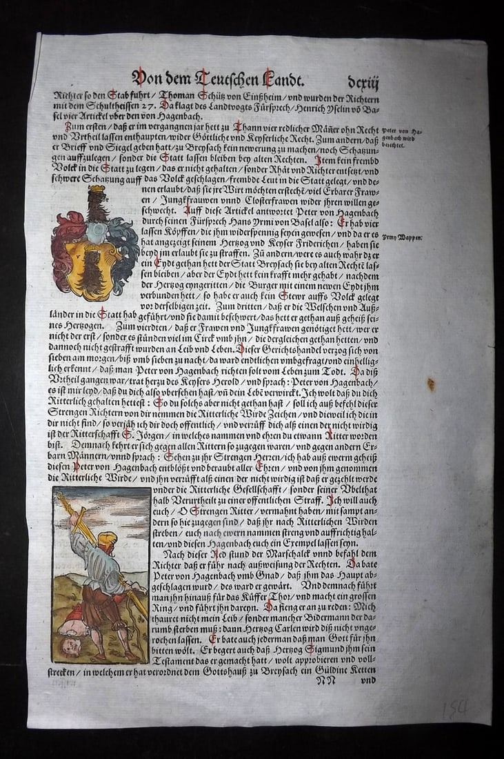 Munster, Sebastian 1588 Early Hand Col Woodcut. Teutonic Knight & Coat of Arms: Contemporary Hand Colored Woodcut Published 1588, Basel for the "Cosmographia" by Sebastian Munster. Printed both sides. Paper Size: 12 x 8 inch (30 x 20cm) Good Condition
