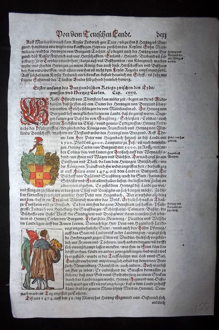 Munster, Sebastian 1588 Early Hand Col Woodcut. Burgundy Coat of Arms & Duke Sigismund of Austria: Contemporary Hand Colored Woodcut Published 1588, Basel for the "Cosmographia" by Sebastian Munster. Printed both sides. Paper Size: 12 x 8 inch (30 x 20cm) Good Condition
