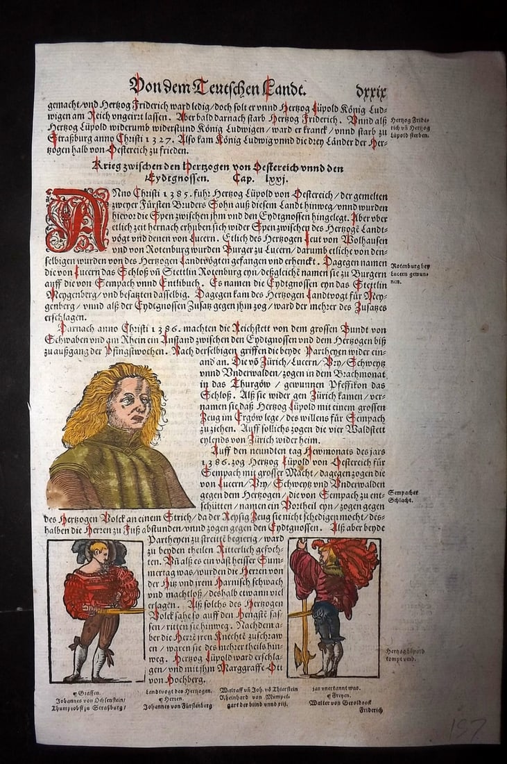 Munster, Sebastian 1588 Early Hand Col Woodcut. Soldiers & Portrait: Contemporary Hand Colored Woodcut Published 1588, Basel for the "Cosmographia" by Sebastian Munster. Printed both sides. Paper Size: 12 x 8 inch (30 x 20cm) Good Condition