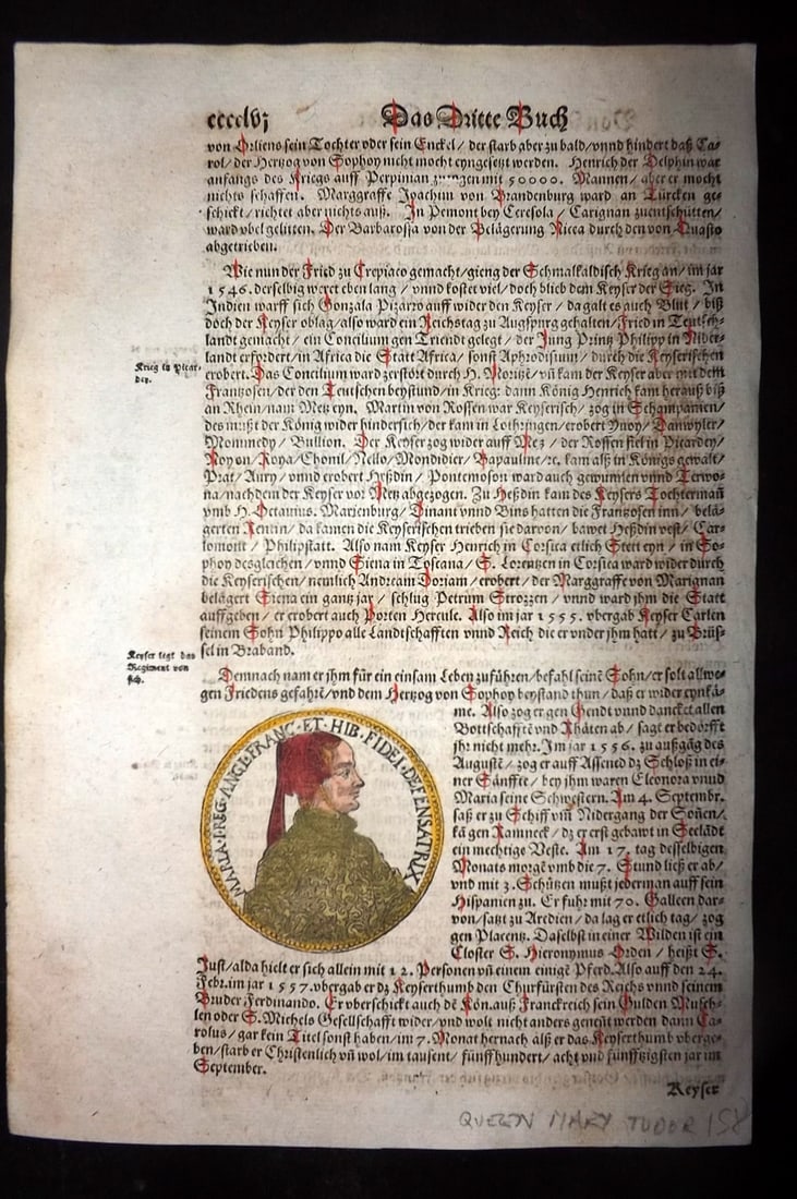 Munster, Sebastian 1588 Early Hand Col Woodcut. Queen Mary Tudor (Bloody Mary) (1 of 2)