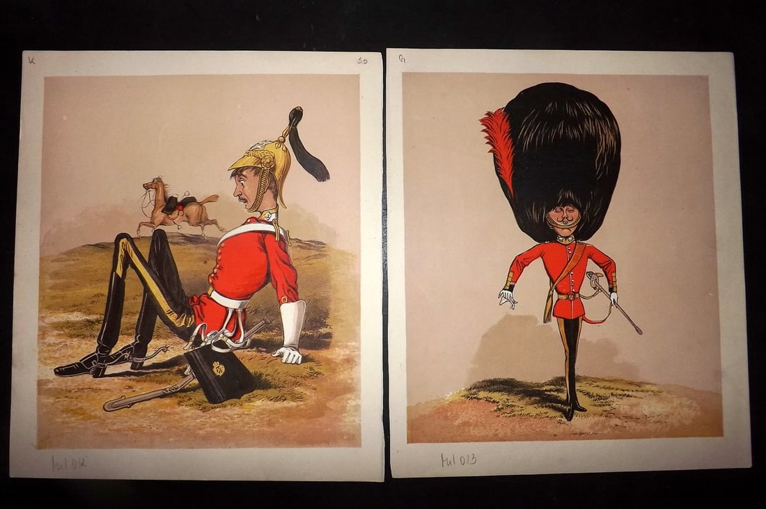 Seccombe, Major 1876 Pair of Military Drolleries Prints: Chromolithographs Published 1876, London for "Army and Navy Drolleries" by Major Seccombe. Printed in colours by Bronheim. Paper Size: 10 x 8.5 inch (26 x 22cm) Good Condition