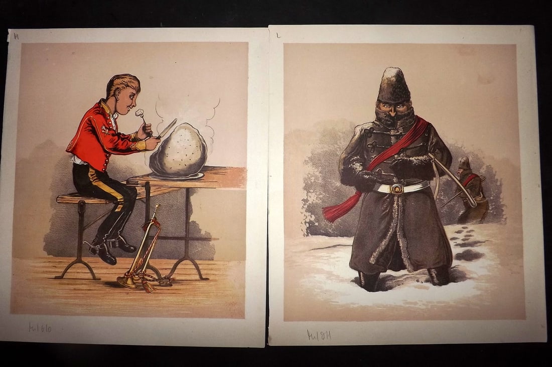 Seccombe, Major 1876 Pair of Military Drolleries Prints: Chromolithographs Published 1876, London for "Army and Navy Drolleries" by Major Seccombe. Printed in colours by Bronheim. Paper Size: 10 x 8.5 inch (26 x 22cm) Good Condition