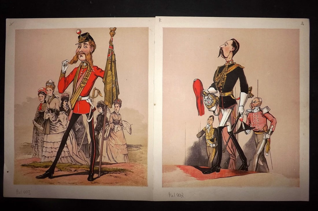 Seccombe, Major 1876 Pair of Military Drolleries Prints: Chromolithographs Published 1876, London for "Army and Navy Drolleries" by Major Seccombe. Printed in colours by Bronheim. Paper Size: 10 x 8.5 inch (26 x 22cm) Good Condition