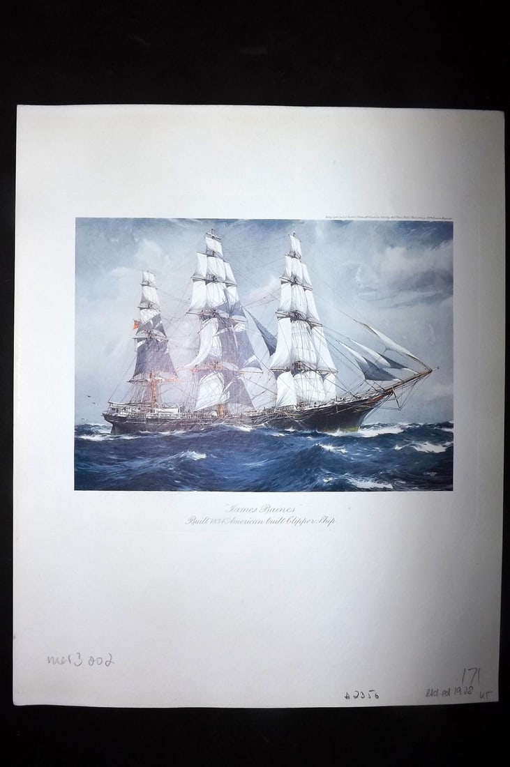 Spurling, Jack 1927 Rare Ship Print. James Baines, 1854 American Built Clipper: Offset Lithograph Published 1927, London for "Sail, the Romance of the Clipper Ships" by Basil Lubbock. Illustrated by Jack Spurling. Rare - Limited Edition of 1000. Paper Size: 12 x 10 inch (31 x 25c