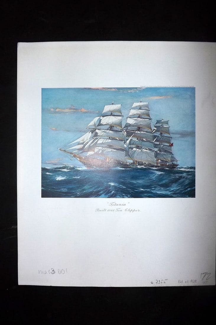 Spurling, Jack 1927 Rare Ship Print. Titania, Built 1866 Tea Clipper: Offset Lithograph Published 1927, London for "Sail, the Romance of the Clipper Ships" by Basil Lubbock. Illustrated by Jack Spurling. Rare - Limited Edition of 1000. Paper Size: 12 x 10 inch (31 x 25c