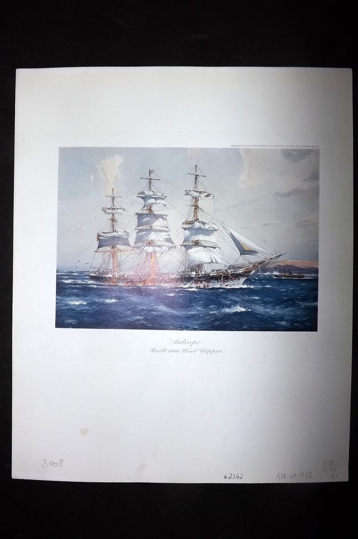 Spurling, Jack 1927 Rare Ship Print. Antiope, Built 1866 Wool Clipper: Offset Lithograph Published 1927, London for "Sail, the Romance of the Clipper Ships" by Basil Lubbock. Illustrated by Jack Spurling. Rare - Limited Edition of 1000. Paper Size: 12 x 10 inch (31 x 25c