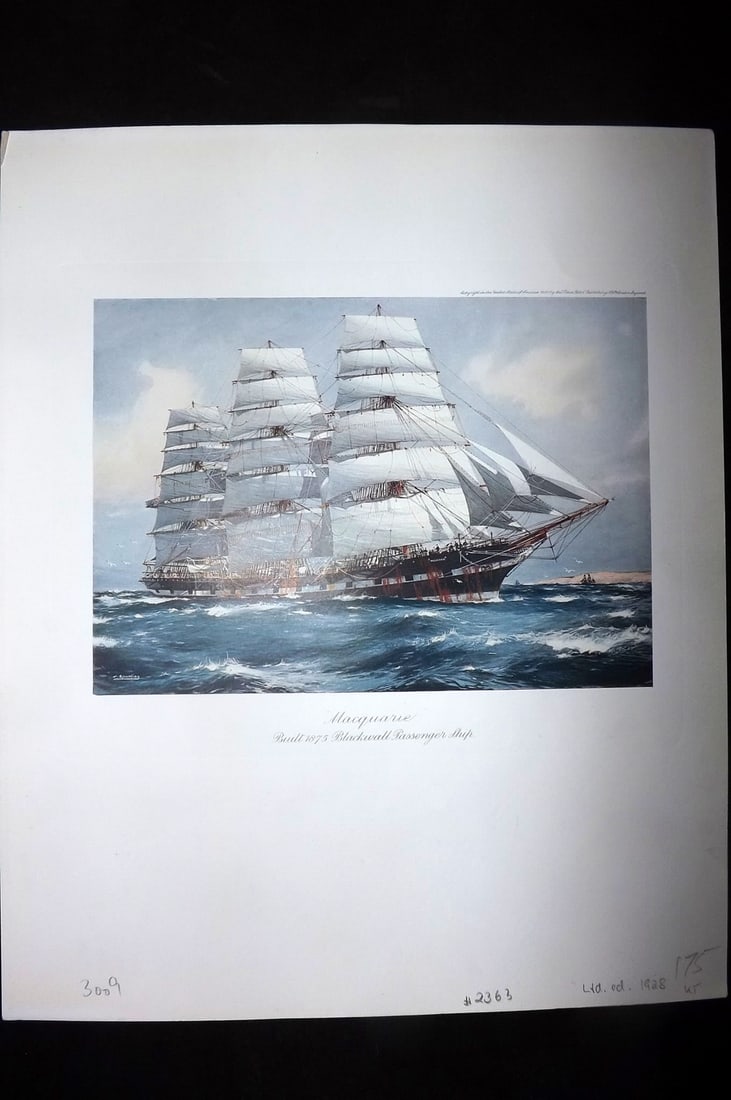 Spurling, Jack 1927 Rare Ship Print. Macquarie, Built 1875 Blackwall Passenger Ship (1 of 2)