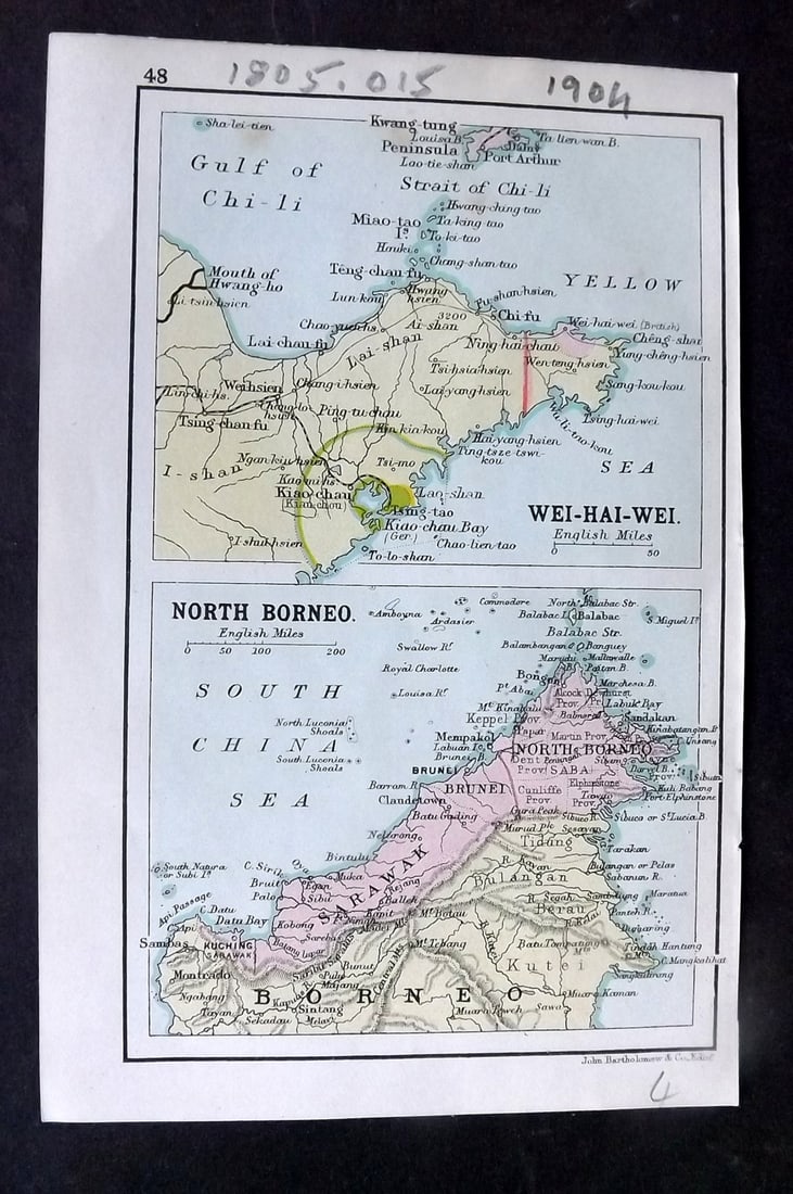 Bartholomew, John 1904 Antique Map. Malaya & Borneo: Lithograph Map Published 1904, London for "The Handy Atlas of the British Empire" by John Bartolomew. Printed Both Sides. Paper Size: 6 x 4 inch (15 x 10cm) Good Condition