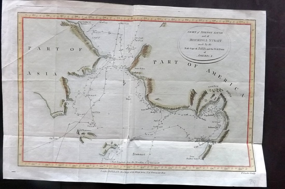 Hogg (Pub) 1785 Hand Col Map. Bherings Strait, Russia Alaska, Cook's Voyages.: Hand Colored Copper Engraved Map Published 1785 by Alexander Hogg, London for "A voyage to the Pacific Ocean : undertaken, by the command of His Majesty, for making discoveries in the northern hemisph