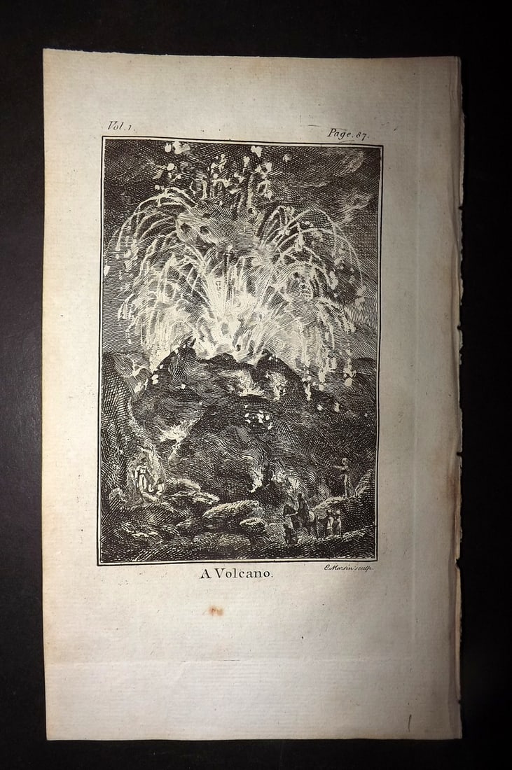 Goldsmith, Oliver 1779 Antique Print. A Volcano Eruption: Copper Plate Published 1779, London for "An History of the Earth and Animated Nature" by Oliver Goldsmith. Paper Size: 8 x 5 inch (21 x 13cm) Good Condition