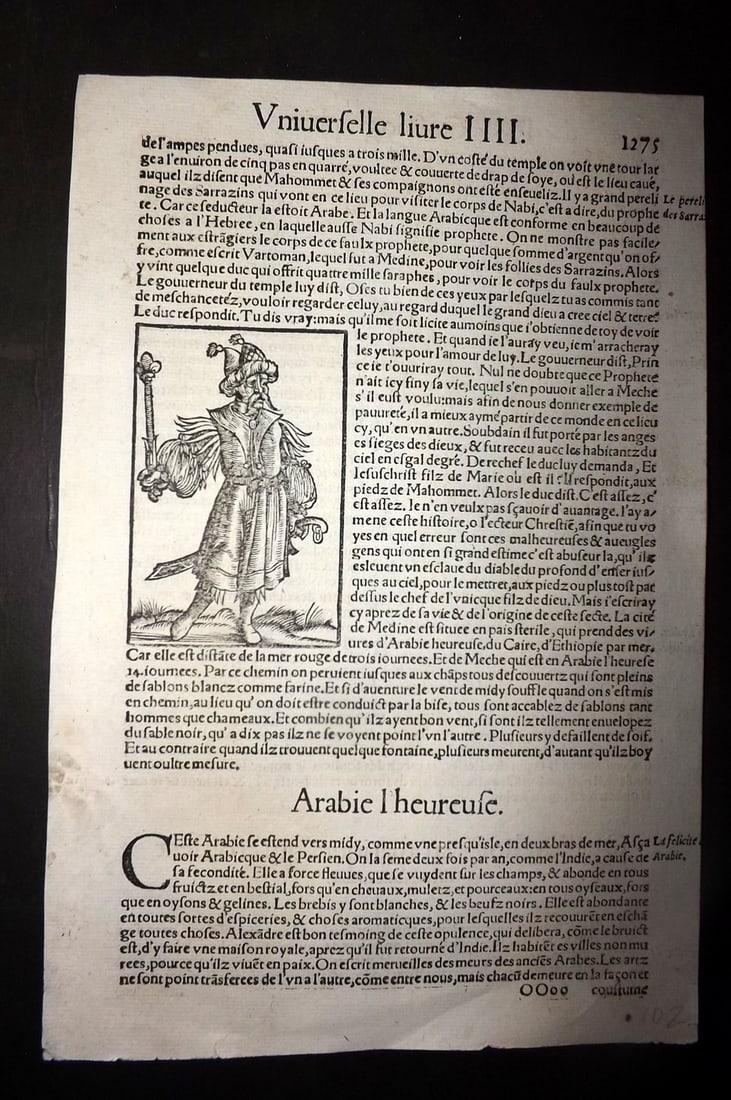Munster, Sebastian 1552 Early Woodcut. Arab Bedouin, Arabia: Woodcut Published 1552, Basel for the "Cosmographia" by Sebastian Munster. Printed both sides. Paper Size: 11 x 7.5 inch (28 x 19cm) Approx. Good Condition