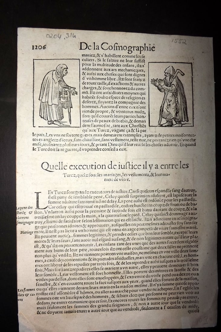 Munster, Sebastian 1552 Early Woodcut. Turks in Ottoman Dress, Executioner, Justice of Turks (1 of 1)