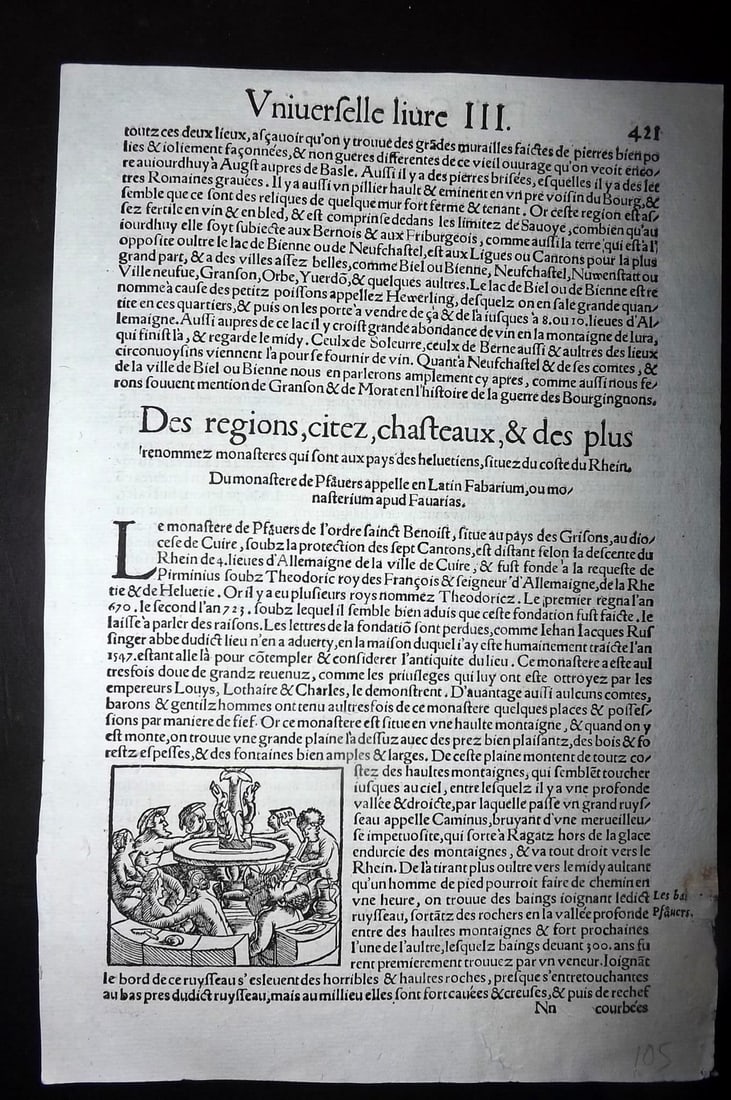Munster, Sebastian 1552 Early Woodcut. Swiss Baths, Alpine Customs: Woodcut Published 1552, Basel for the "Cosmographia" by Sebastian Munster. Printed both sides. Paper Size: 11 x 7.5 inch (28 x 19cm) Approx. Good Condition