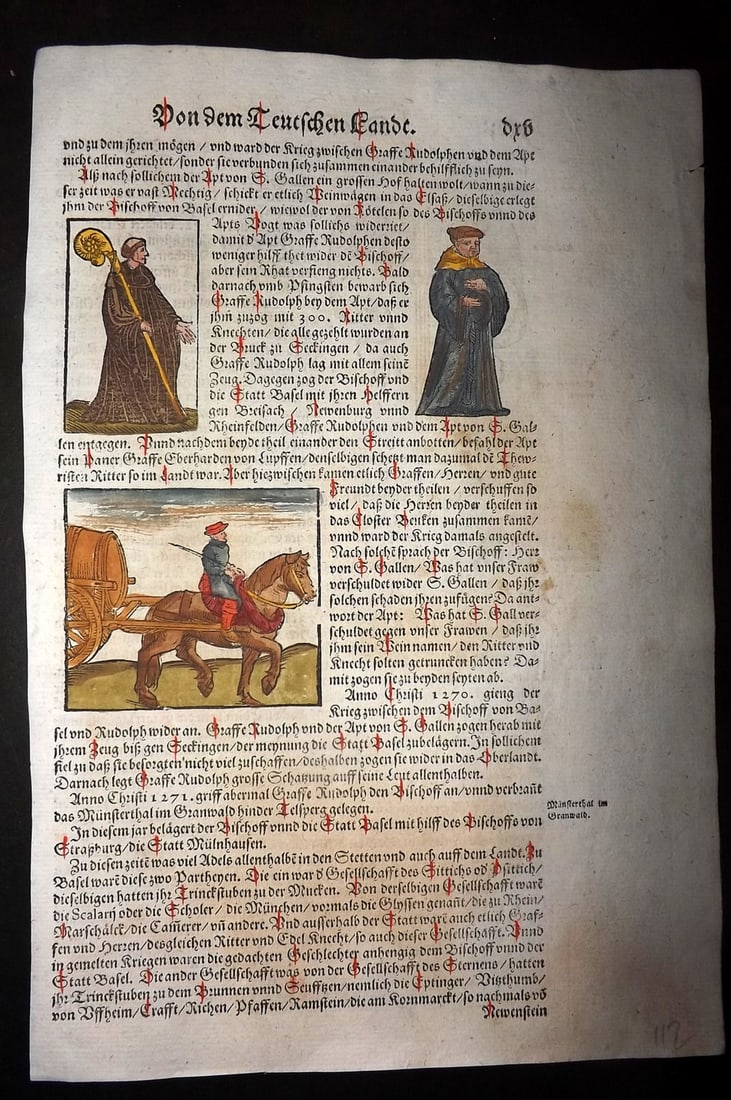 Munster, Sebastian 1588 Early Hand Col Woodcut. Abbot of St. Gall, Horse & Cart: Contemporary Hand Colored Woodcut Published 1588, Basel for the "Cosmographia" by Sebastian Munster. Printed both sides. Paper Size: 12 x 8 inch (30 x 20cm) Approx. Good Condition