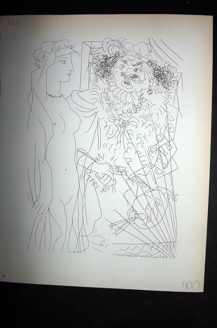 Picasso Vollard 1956 Nude with Flowering Headdress & Portrait of Rembrandt 36: Vintage Photogravure Published 1956, London for "Picasso's Vollard Suite" First English Edition of 100 Etchings created by Picasso between 1930-37. Printed on Good Quality Paper in Germany. Paper Size