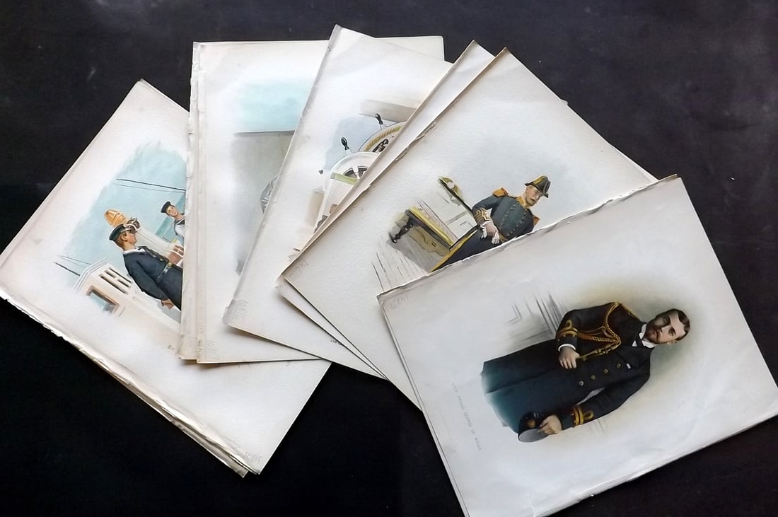 H. M. Navy 1893 Lot of 11 Antique Sailor Prints. Mariting: Antique Chromolithograph Published 1889-1893 by J.S.Virtue & Co., London for "Her Majesty's Navy" By Lt. Charles Rathbone Low. Illustrated by W. Christian Symons and W. Fred Mitchell. Paper Size: 10.5