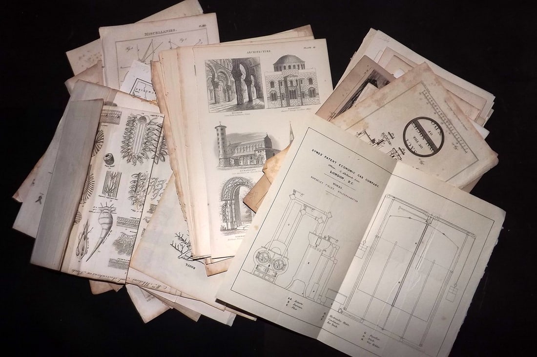 Mixed Prints 19th Cent. Lot of 50 Engravings & Lithos: Lot of approx 50 Engravings and Lithos. Incl Science & Tech, Maps, Botanical, Architecture and Travel. Paper Size: Up to 13 x 10.5 inch (33 x 27cm) Some toning, otherwise fine