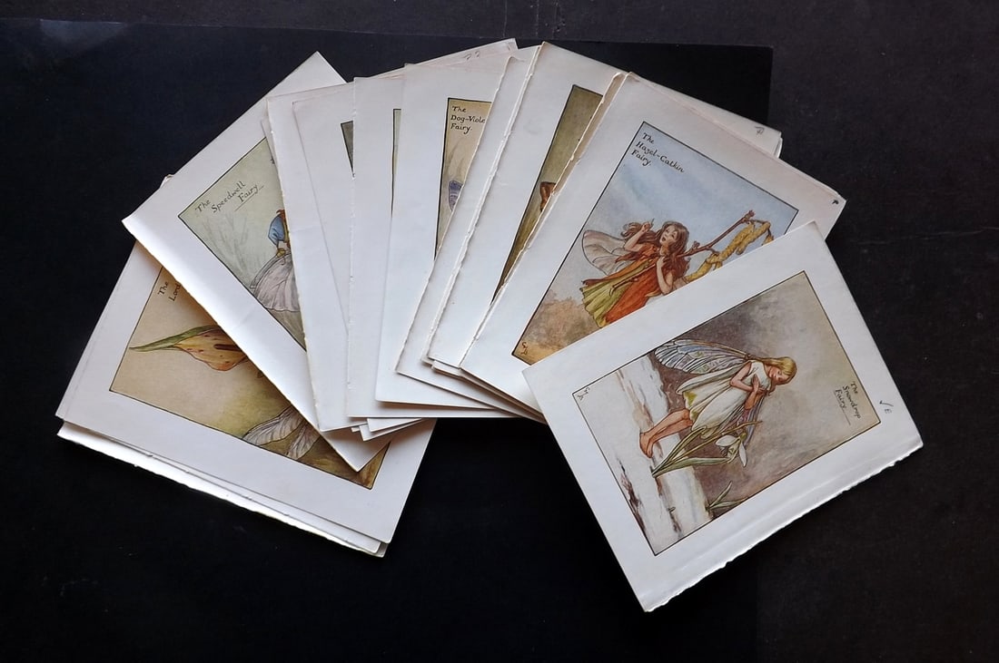 Barker, Cicely Mary C1940 Lot of 24 Flower-Fairy Prints - Spring: Spring Fairies. Lithographs Published C1935-45 by Blackie & Son, London & Glasgow for the "Flower-Fairies" Series by Cicely Mary Barker. Reverse side blank.Paper Size: 5.5 x 4 inch (14 x 10cm) Good Co