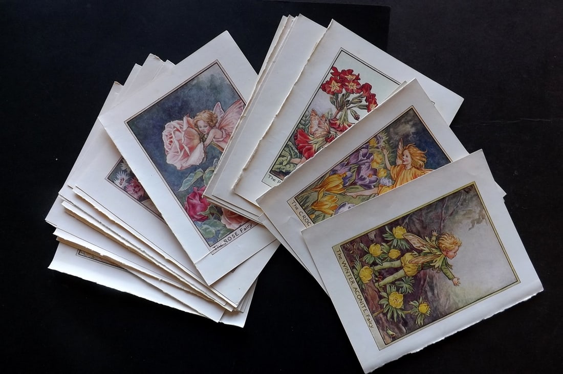 Barker, Cicely Mary C1940 Lot of 24 Flower-Fairy Prints - Spring: Garden Fairies. Lithographs Published C1935-45 by Blackie & Son, London & Glasgow for the "Flower-Fairies" Series by Cicely Mary Barker. Reverse side blank.Paper Size: 5.5 x 4 inch (14 x 10cm) Good Co