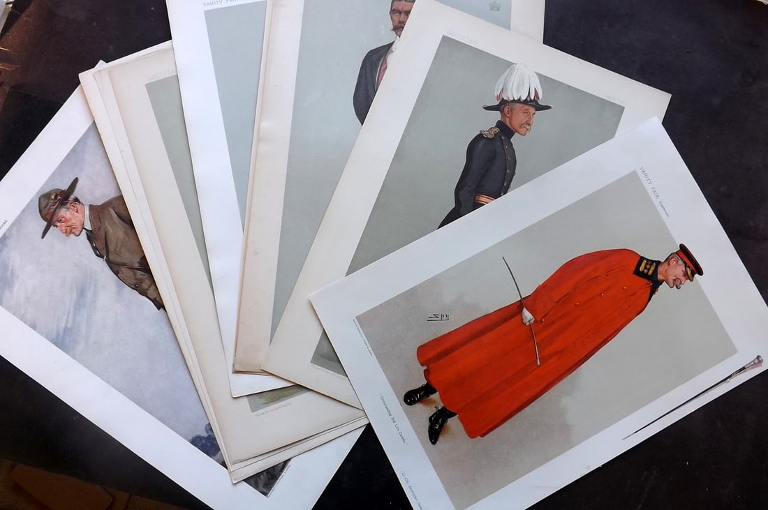 Vanity Fair Prints 19th Cent Lot of 10 Caricatures. Military incl Baden Powel Boy Scouts: Lithographs Published 1869-1914, London for "Vanity Fair" Paper Size: 15 x 10 inch (38 x 26cm) Approx. Good Condition