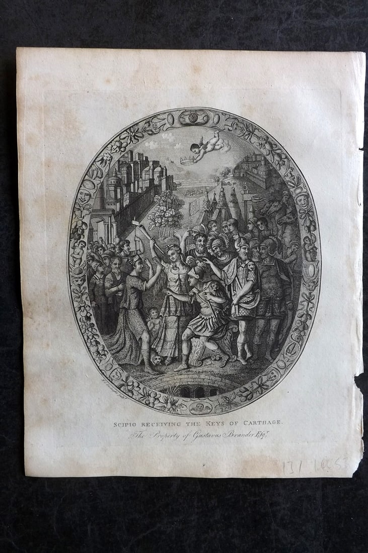 Grose, Francis 1801 Antique Military Print. Scipio receiving the Keys of Carthage: Copper Plate Published 1801, London for "Military Antiquities Respecting a History of the English Army from the Conquest to the Present Time" by Francis Grose. Paper Size: 10.5 x 8 inch (27 x 21cm) Ve