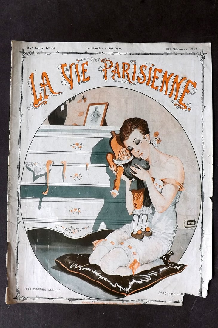 La Vie Parisienne 1919 Art Deco Print. Noel d'Apres Guerre by Leonnec: Lithograph Published 1928, Paris for "La Vie Parisienne" Illustrated by Lissac, Barbier, Vallet, Valee, Prejelan, Herouard, Fournier, Kuhn-Regnier, Georges L?onnec and others. Verso text, but none sho