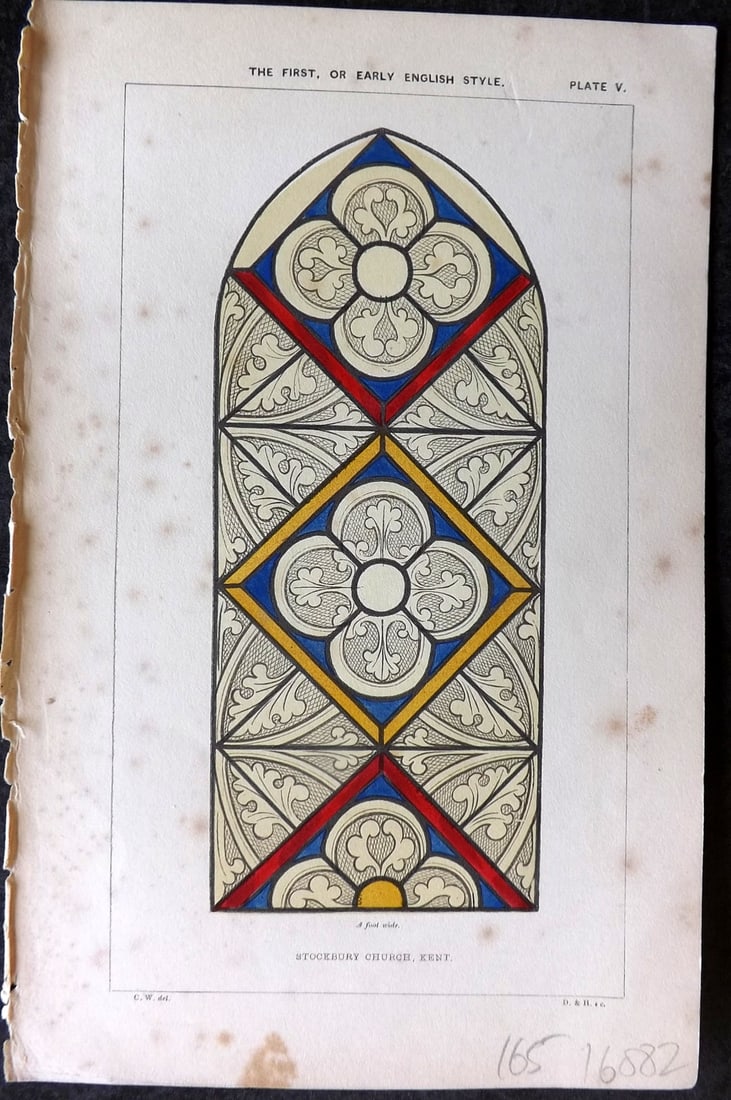 Winston 1847 Hand Col Stained Glass Print. Stockbury Church, Kent 05: Hand Colored Woodblock Published 1847, London for "An Inquiry Into the Difference of Style Observable in Ancient Glass Paintings, Especially in England, with Hints on Glass Painting" by Charles Winsto