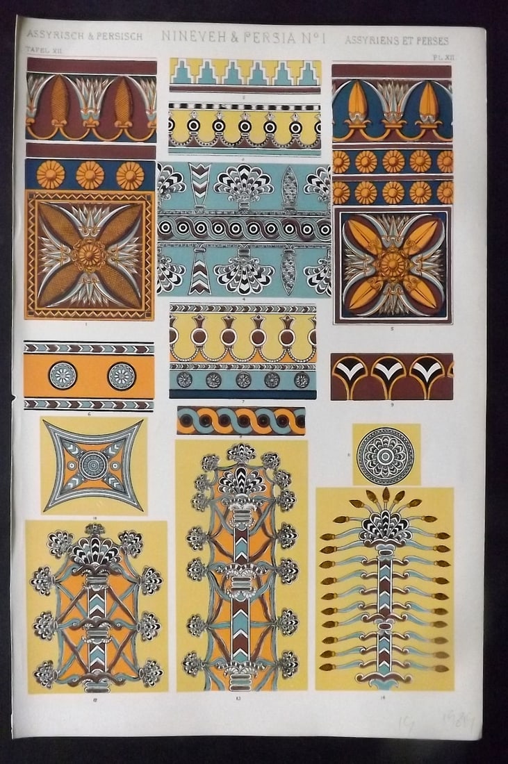 Jones, Owen 1910 Design Print. Nineveh & Persia No. 1: Chromolithograph Published 1910 by Bernard Quaritch, London for "The Grammar of Ornament" by Owen Jones. Paper Size: 13 x 9 inch (33 x 23cm) Good Condition