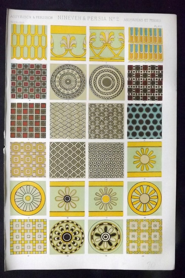 Jones, Owen 1910 Design Print. Nineveh & Persia No. 2: Chromolithograph Published 1910 by Bernard Quaritch, London for "The Grammar of Ornament" by Owen Jones. Paper Size: 13 x 9 inch (33 x 23cm) Good Condition