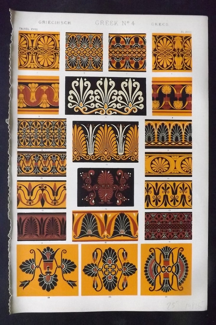 Jones, Owen 1910 Design Print. Greek No. 4: Chromolithograph Published 1910 by Bernard Quaritch, London for "The Grammar of Ornament" by Owen Jones. Paper Size: 13 x 9 inch (33 x 23cm) Good Condition