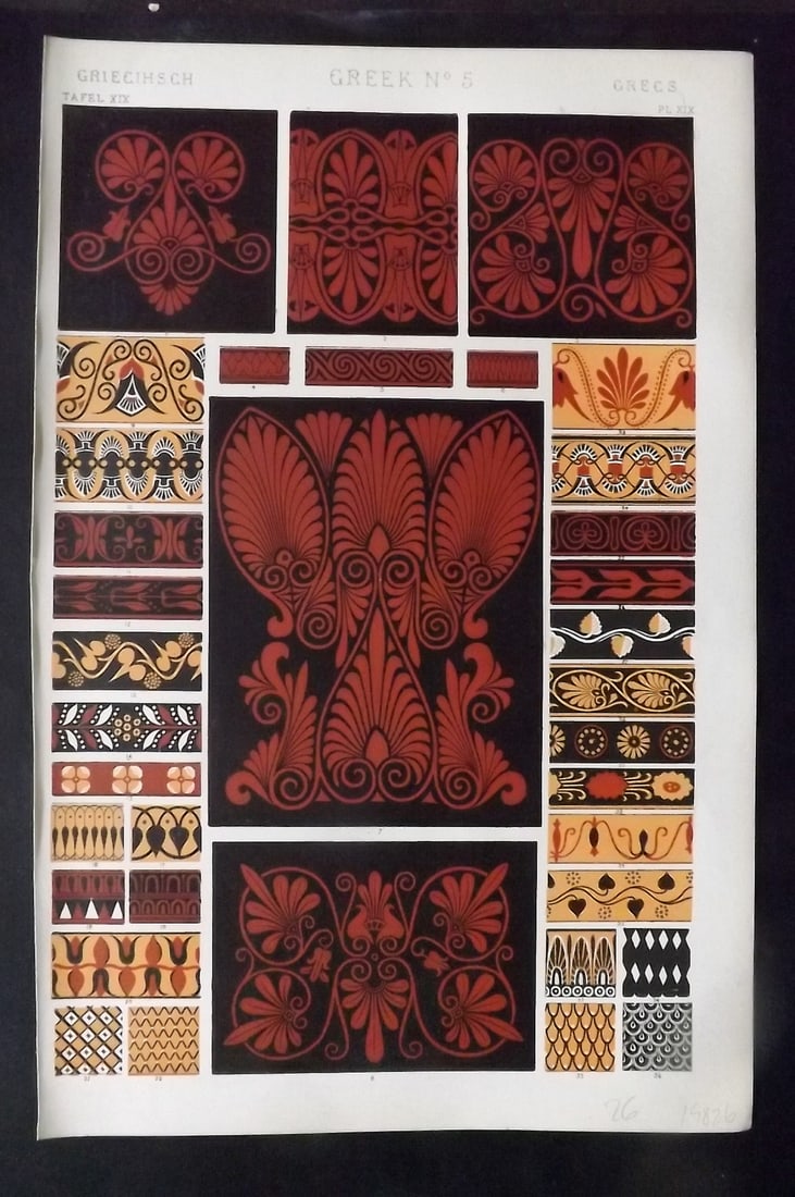 Jones, Owen 1910 Design Print. Greek No. 5: Chromolithograph Published 1910 by Bernard Quaritch, London for "The Grammar of Ornament" by Owen Jones. Paper Size: 13 x 9 inch (33 x 23cm) Good Condition