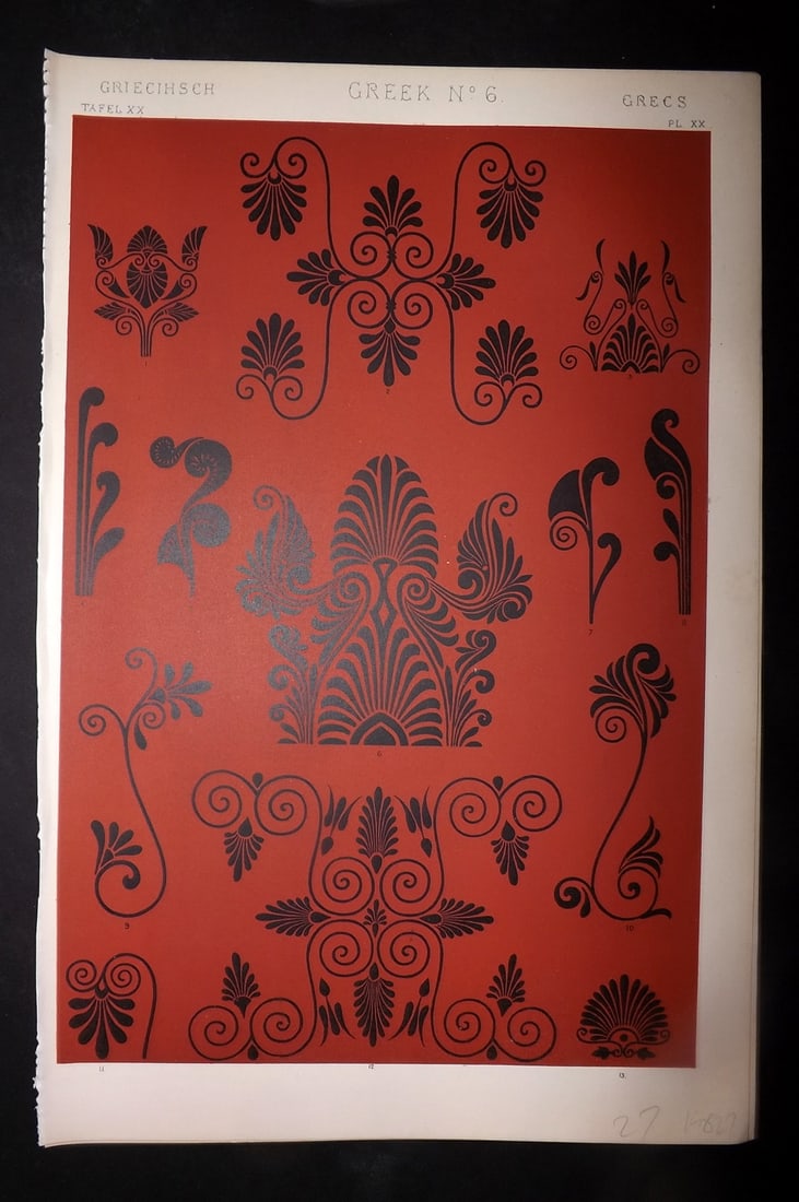 Jones, Owen 1910 Design Print. Greek No. 6: Chromolithograph Published 1910 by Bernard Quaritch, London for "The Grammar of Ornament" by Owen Jones. Paper Size: 13 x 9 inch (33 x 23cm) Good Condition