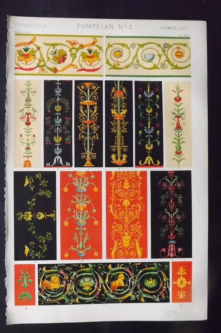 Jones, Owen 1910 Design Print. Pompeian No. 2: Chromolithograph Published 1910 by Bernard Quaritch, London for "The Grammar of Ornament" by Owen Jones. Paper Size: 13 x 9 inch (33 x 23cm) Good Condition