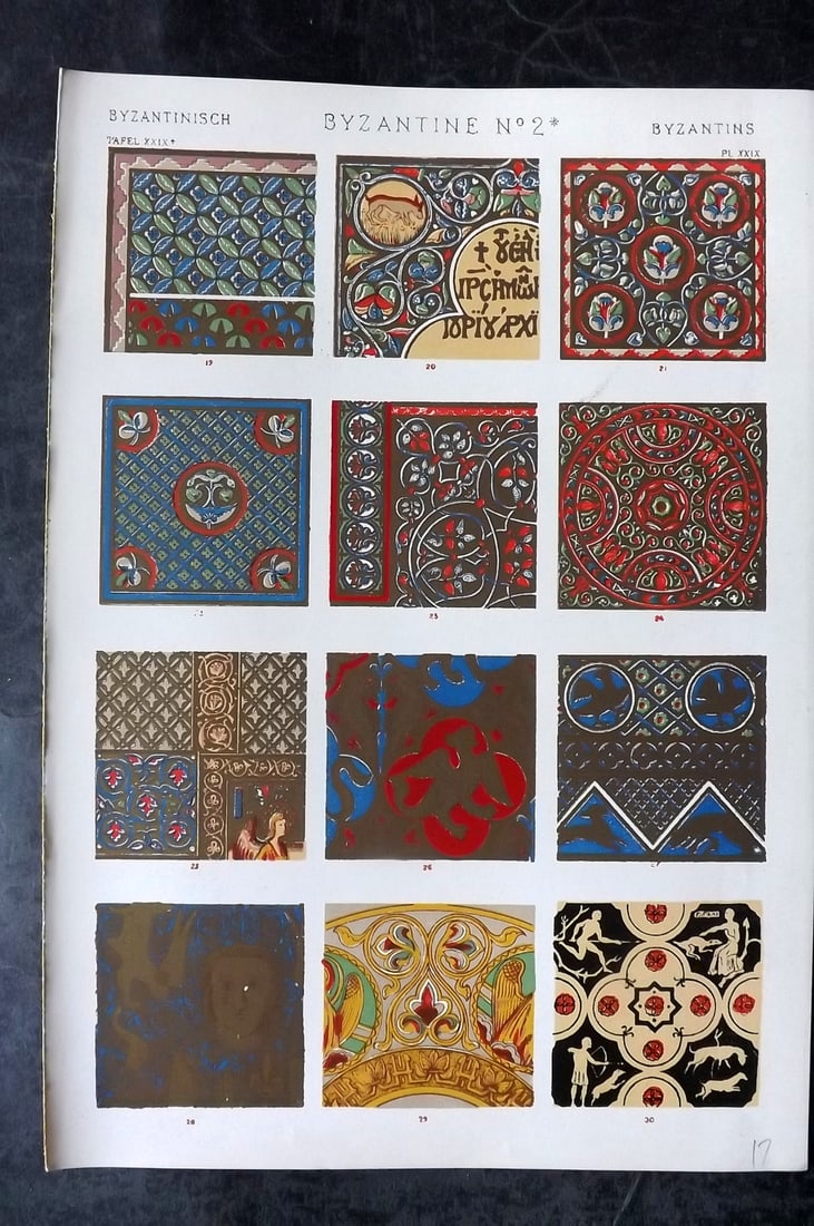 Jones, Owen 1910 Folio Architectural Design Print. Byzantine No. 2*: Chromolithograph Published 1910 by Bernard Quaritch, London for "The Grammar of Ornament" by Owen Jones. Paper Size: 13 x 9 inch (33 x 23cm) Good Condition