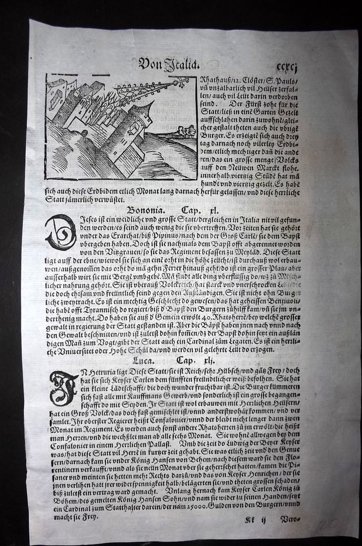 Munster, Sebastian 1578 Early Woodcut View. Vercelli, Italy (1 of 2)