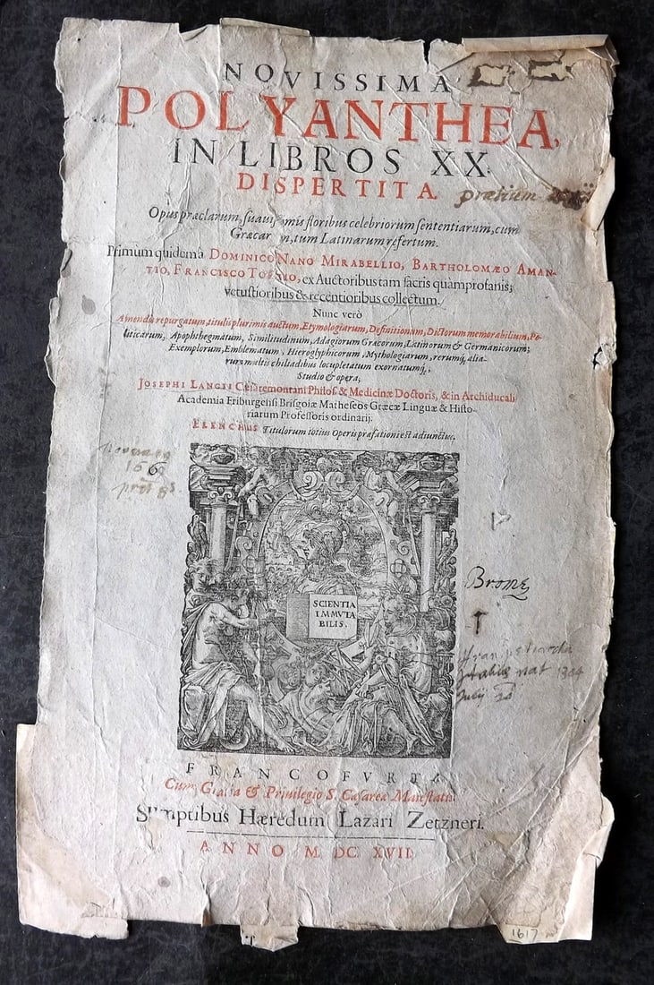 Lang, Joseph 1617 Woodcut Title Page. Novissima Polyanthea: Woodcut Title Page Published 1617, Frankfurt for "Novissima Polyanthea, in libros XX. Dispertita" by Joseph Land. Paper Size: 13.5 x 8 inch (34 x 21cm) Ink annotations in margins. Some wrinkles and fr