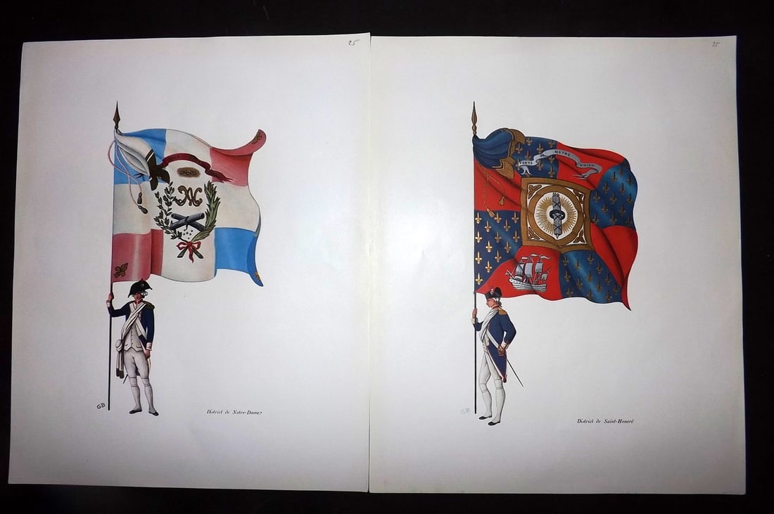 Lachouque & Blanckaert 1947 Pair of Rare French Flag Prints: Offset Lithographs Published 1947, Paris for "Les drapeaux de la Garde Nationale e Paris en 1789" by Henry Lachouque. Illustrated by Gerard Blanckaert. Rare - Limited Edition of 1500. Paper Size: 11 x