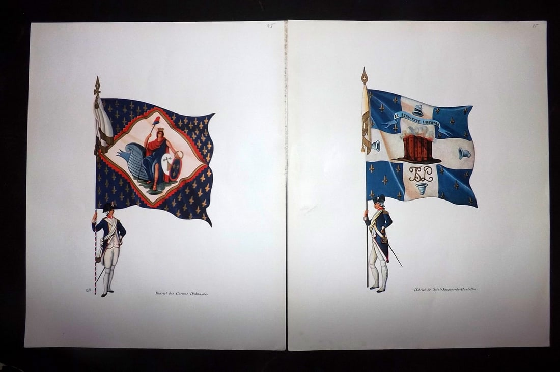 Lachouque & Blanckaert 1947 Pair of Rare French Flag Prints: Offset Lithographs Published 1947, Paris for "Les drapeaux de la Garde Nationale e Paris en 1789" by Henry Lachouque. Illustrated by Gerard Blanckaert. Rare - Limited Edition of 1500. Paper Size: 11 x